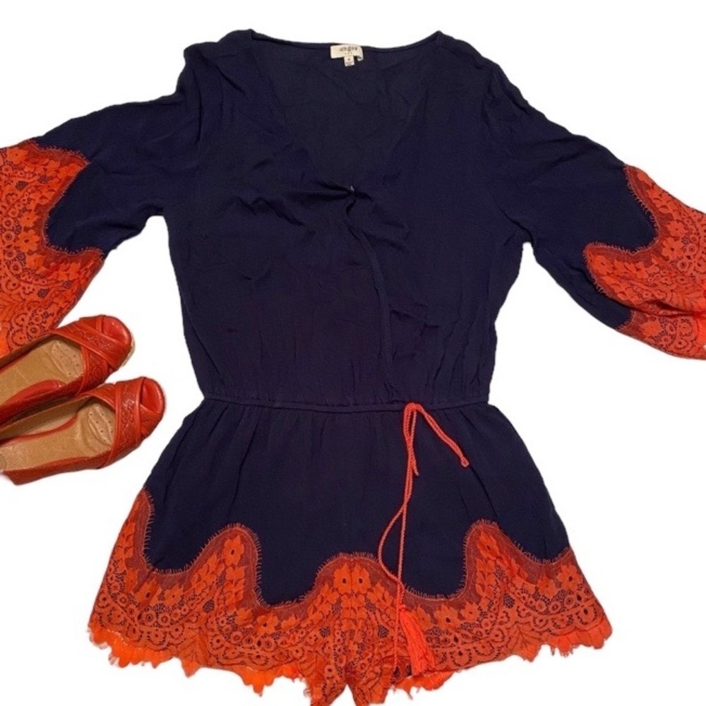- Umgee romper. Navy Blue with lace orange, Size M, 3/4 sleeves.
